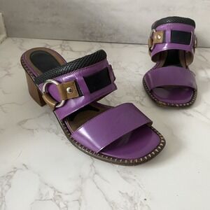 Marni Slides Sandals Women Sz 36.5 (US 6.5) Purple Leather Mid Block Heel Buckle